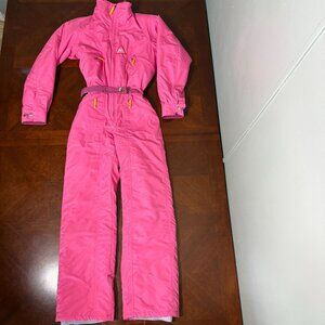Vintage 80s SOS Neon Pink Ski Snowsuit Womens Size 36 Belted One Piece Suit
